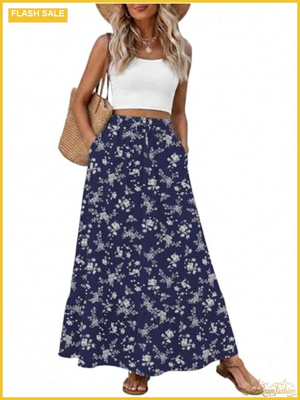 High Waisted Maxi Skirt with Pockets Flowy Boho Summer